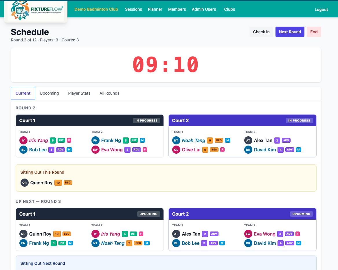 Schedule page showing current round with court matchups + timer