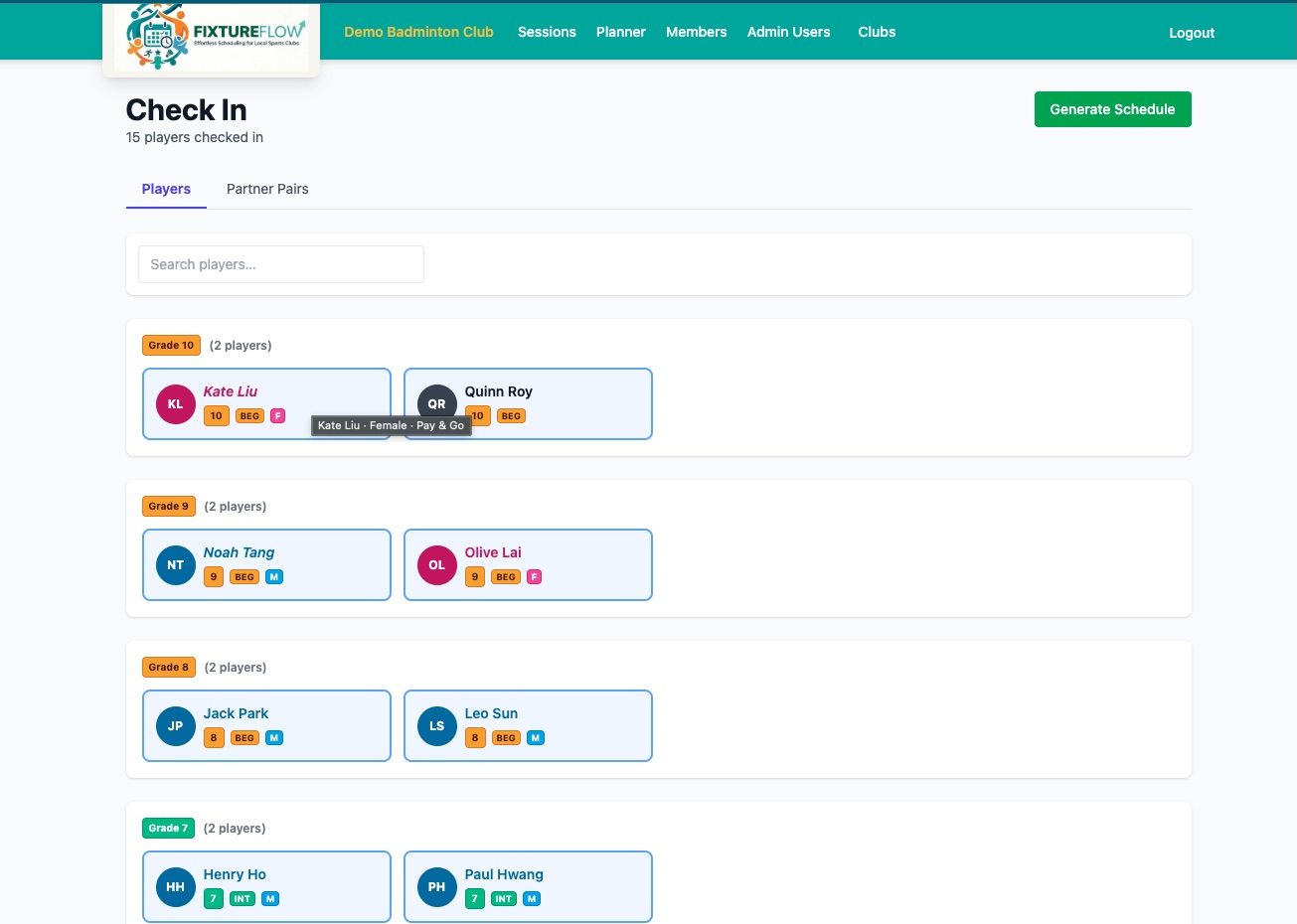 Check-in board with players being ticked in